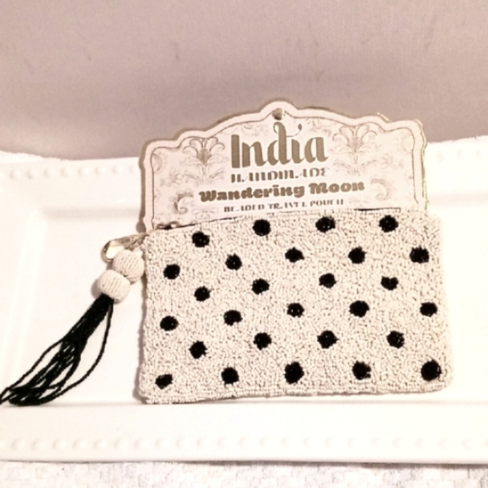 Wandering Moon🌙Cream and Black Glass Beaded Mini Bag With Tassle ⚜️